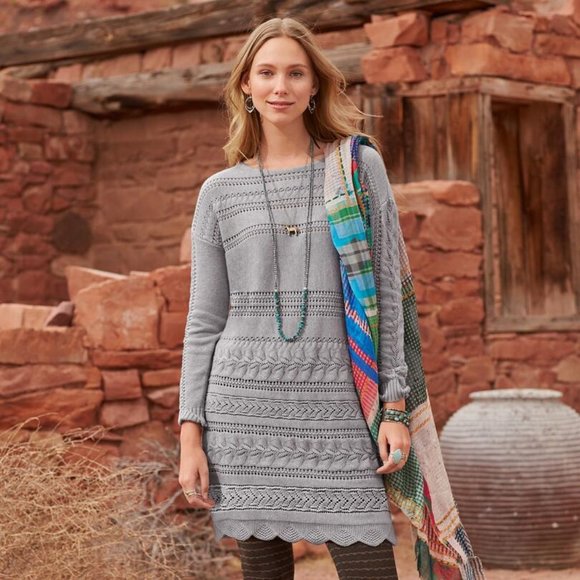 Sundance Lovely Days Grey Boho Southwestern Lattice Stitch Tunic Dress PXS - Picture 2 of 5